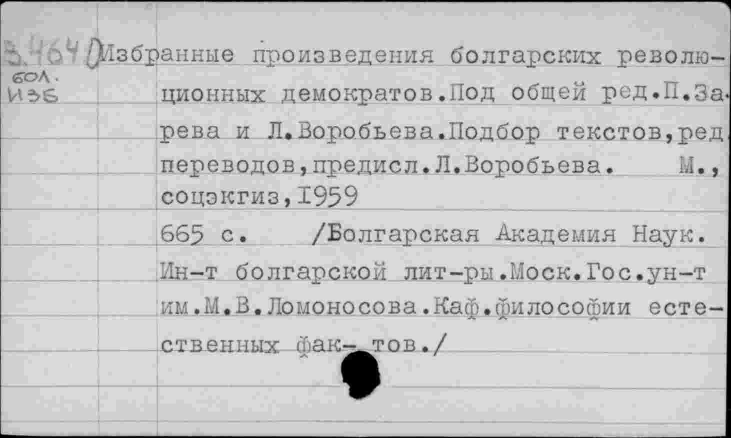 ﻿."^Избранные произведения болгарских револю-б’оЛ •	_т — ционных демократов .Под общей ред.П.За- пева и Л.Воробьева.Полботэ текстов.пел		
		переводов,предисл.Л.Воробьева.	М., соцэкгиз,1959
		665 с.	/Болгарская Академия Наук.
		Ин-т болгарской лит-ры.Моск.Гос.ун-т
		им.М.В.Ломоносова.Каф.философии есте-
		ственных Фак^тов./
		
		